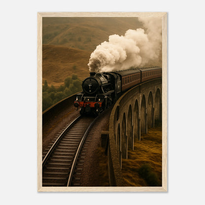 Steam Over the Highlands Poster im hellbraunen Rahmen – malerisches Wandbild mit Dampflok im Nebel der Highlands, Retro-Dekoration für Eisenbahnliebhaber – von Defa Designs.

5️⃣ Poster an die Wand gelehnt