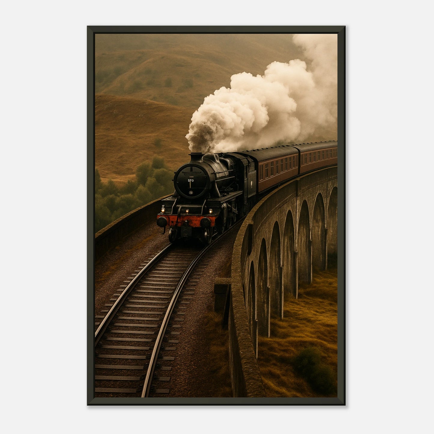 Steam Over the Highlands train wall art poster in black metal frame front view with locomotive crossing misty bridge