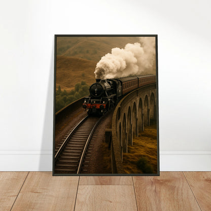 Steam Over the Highlands train wall art poster leaning against wall in black metal frame travel decor mockup