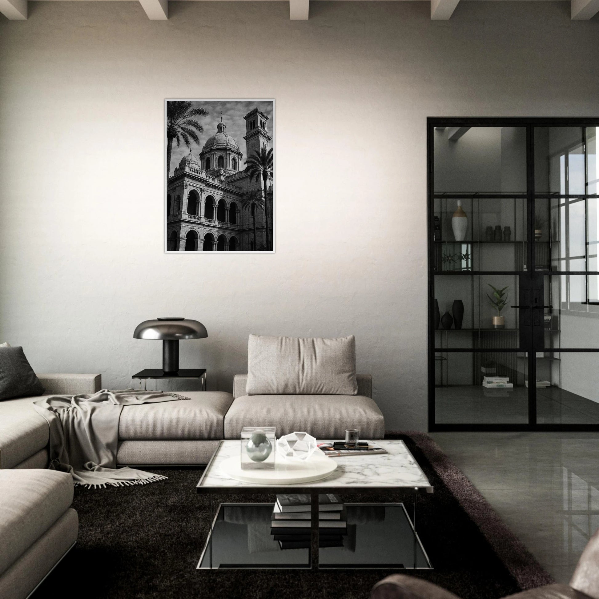 Stillness in Stone Poster im dunklen Wohnzimmer – monochromes Architekturmotiv mit klassischer Kuppel, verleiht Räumen Tiefe und künstlerische Atmosphäre – von Defa Designs.