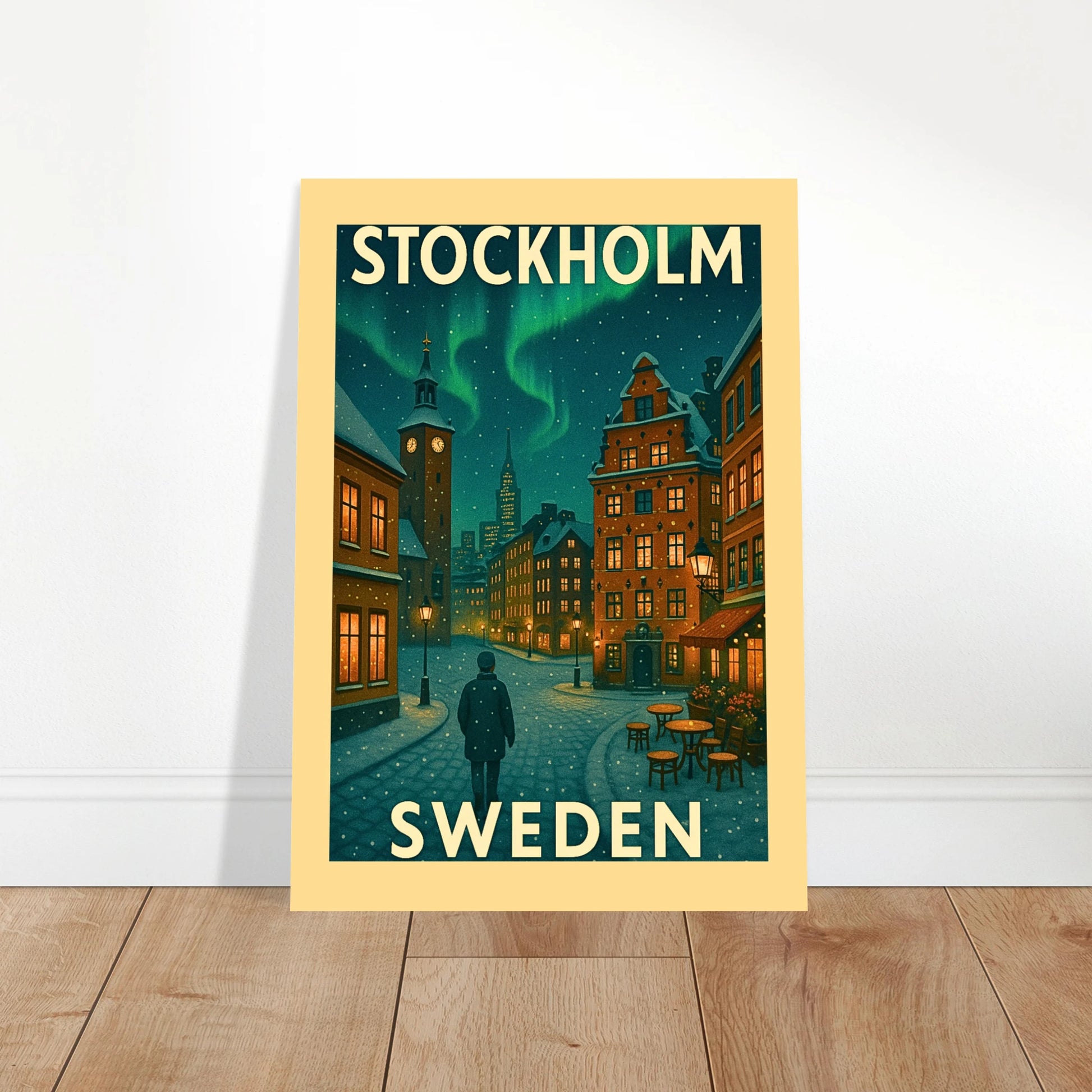 Stockholm Poster im Vintage-Stil – moderne Wandkunst als Wohnzimmer- oder Bürodeko, winterliches Design mit Nordlichtern