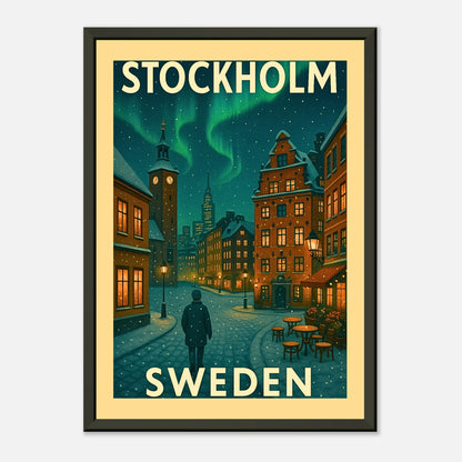 Stockholm city vintage poster in black metal frame with traditional architecture and retro travel artwork