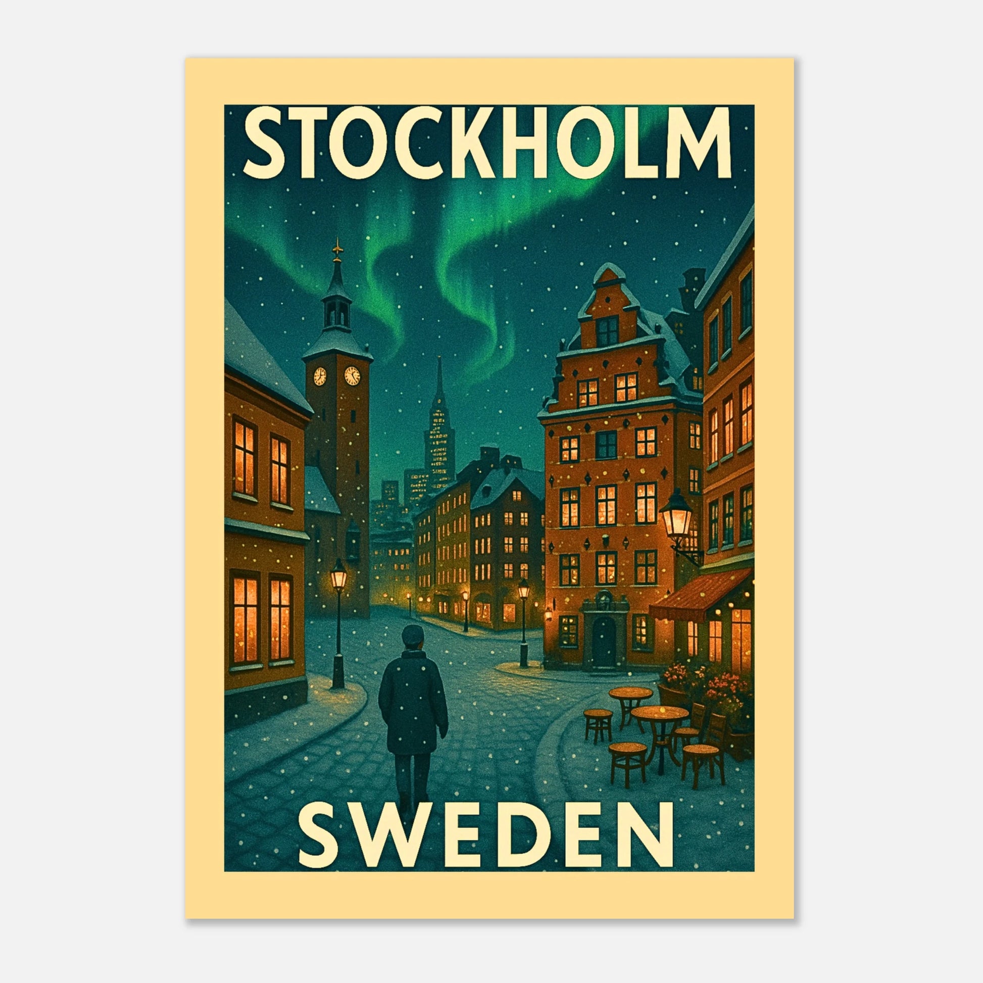 Stockholm Poster mit Rahmen – Retro Wandkunst im Vintage-Stil, winterlicher Kunstdruck mit Nordlichtern