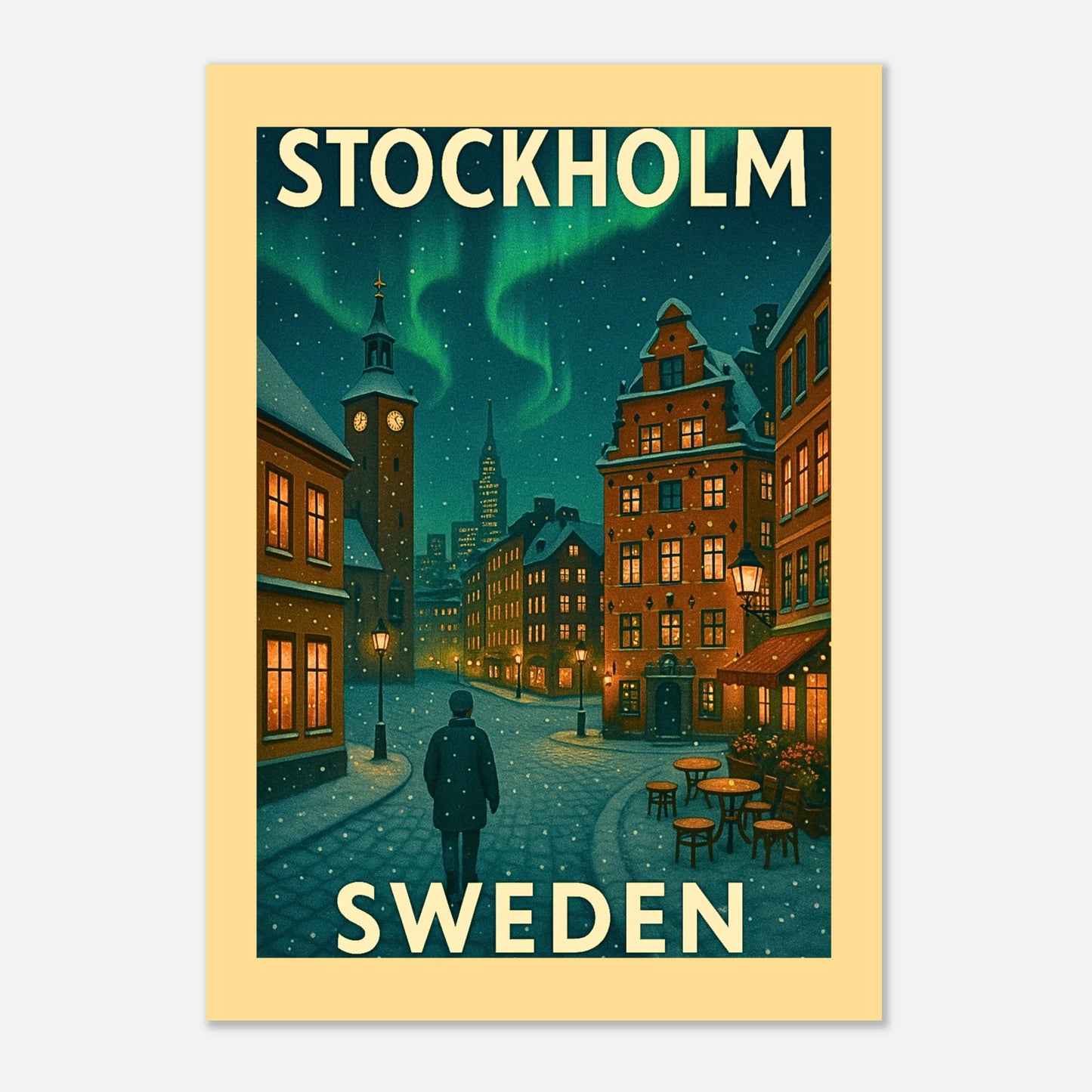 Stockholm Sweden Poster – Vintage Wandbild mit Nordlichtern und winterlicher Altstadt, hochwertiger Kunstdruck