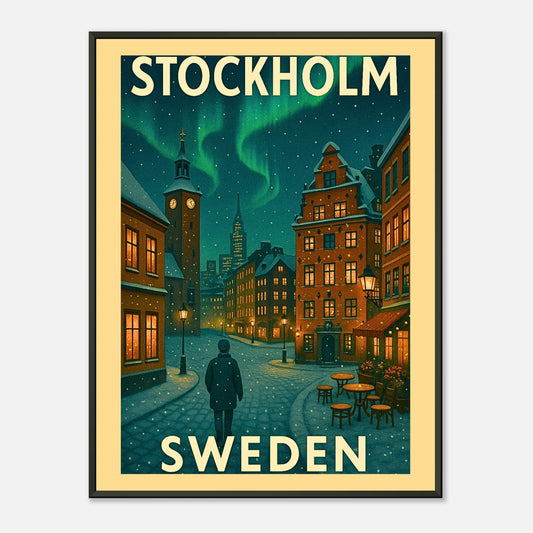 Vintage Stockholm Sweden wall art poster in black metal frame with snowy streets, historic buildings and Northern Lights in classic travel illustration style