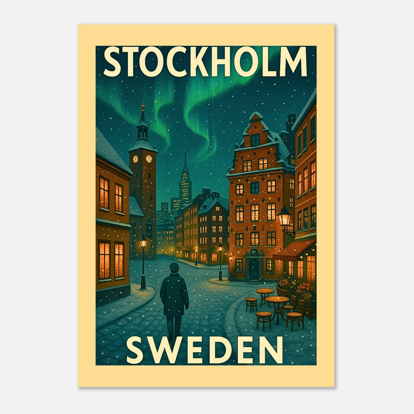 Vintage Stockholm Poster – Kunstdruck mit winterlicher Altstadt und Nordlichtern, detailreiche Wandkunst