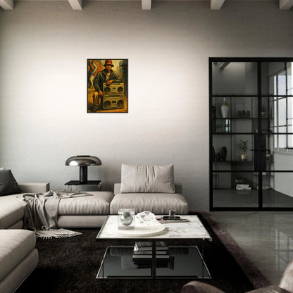 Street Anthem urban music poster in black metal frame styled in dark modern living room setting