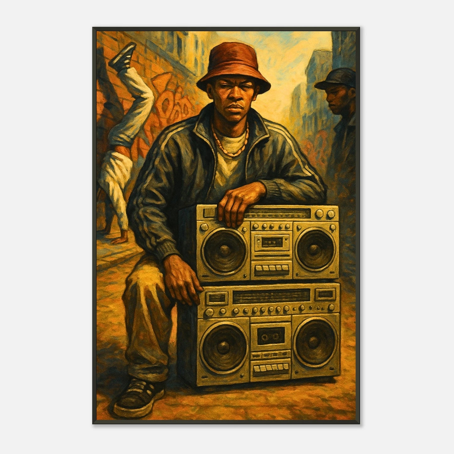 Street Anthem hip hop wall art print in black metal frame with bold street music illustration