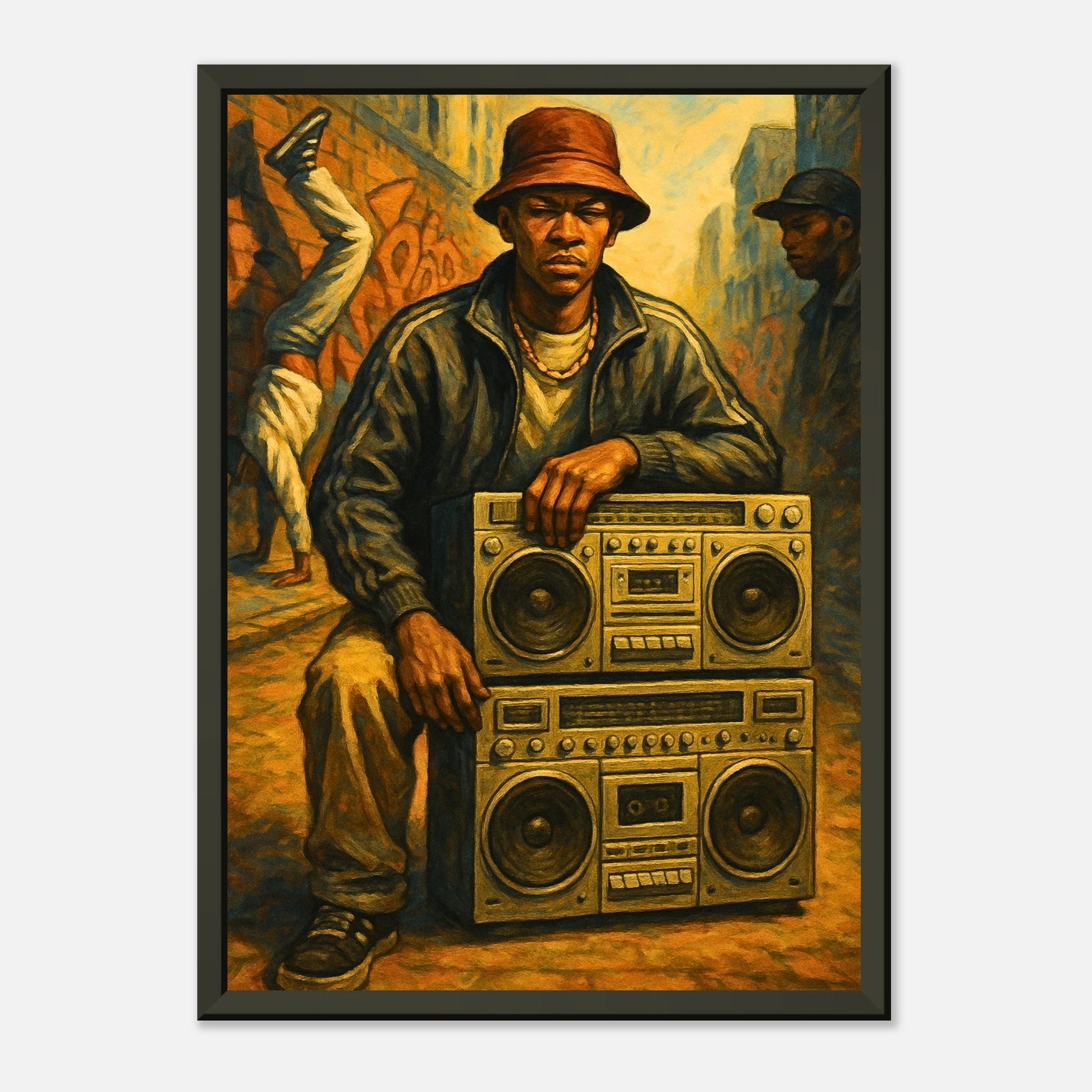 Street Anthem urban wall art poster in black metal frame front view with retro boombox and hip hop character