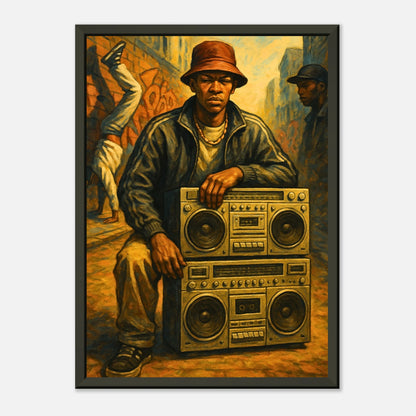 Street Anthem urban wall art poster in black metal frame front view with retro boombox and hip hop character