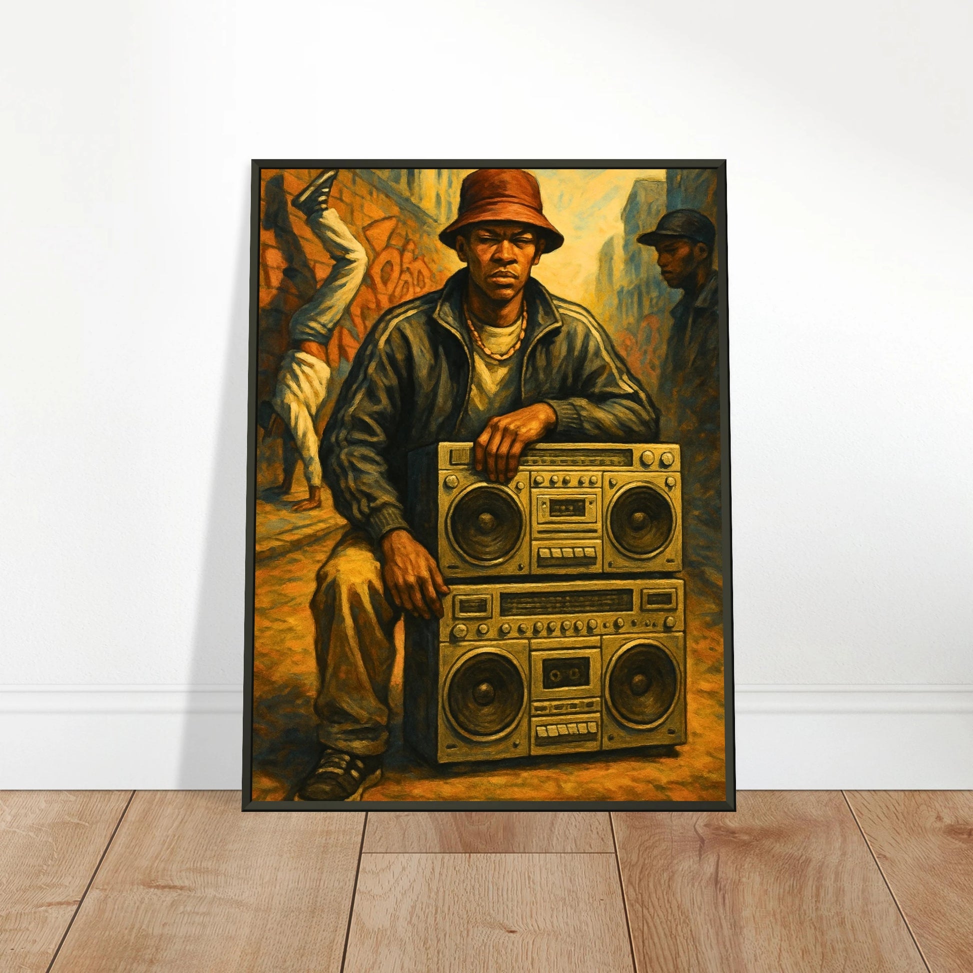 Street Anthem hip hop wall art poster leaning against wall in black metal frame urban interior mockup