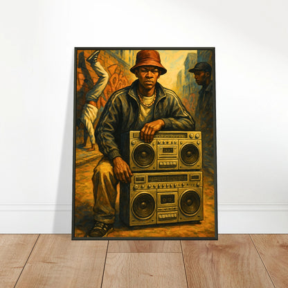 Street Anthem hip hop wall art poster leaning against wall in black metal frame urban interior mockup