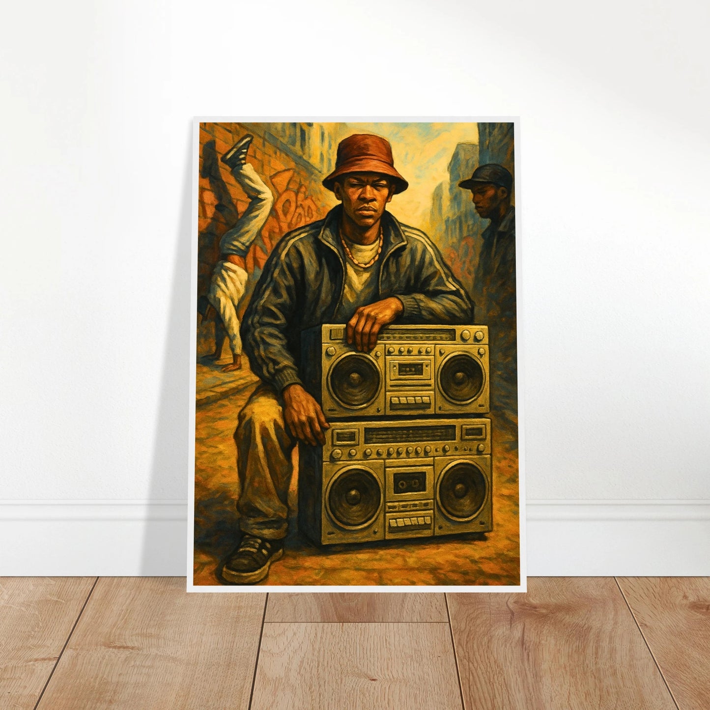 Street Anthem Poster an die Wand gelehnt – ikonisches Hip-Hop Kunstwerk mit Boombox im Vintage-Stil, perfektes Urban-Poster für Musikzimmer oder Wohnzimmer – von Defa Designs.