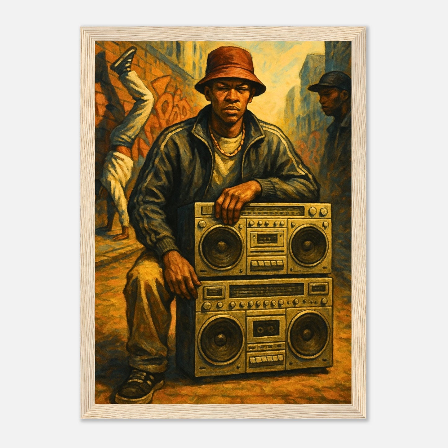 Street Anthem Poster im hellbraunen Holzrahmen – Retro-Hip-Hop Kunstmotiv mit Musiker und Ghettoblaster, vereint Street Culture, Musik und urbane Kunst – von Defa Designs.
