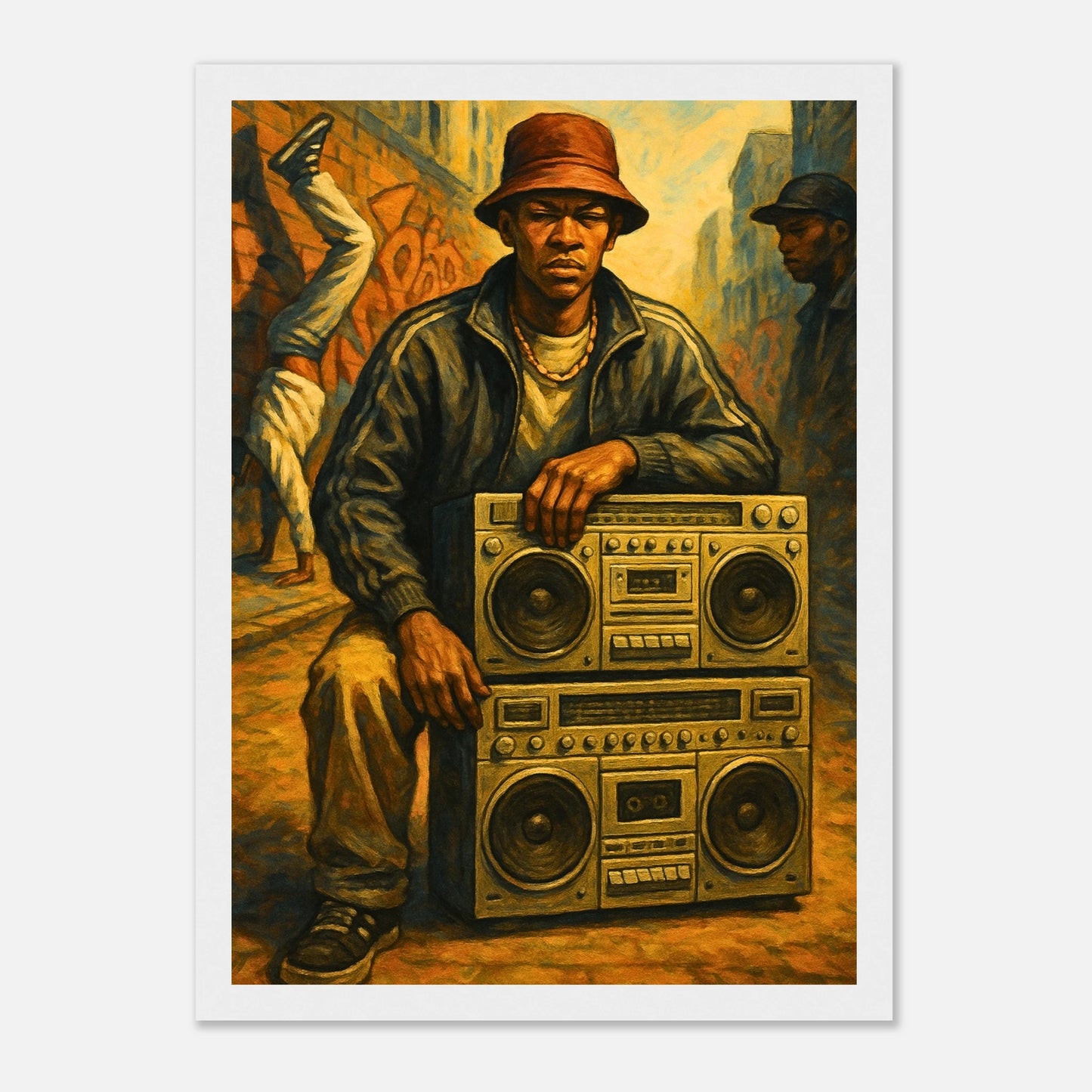 Street Anthem Poster im weißen Rahmen – stilvolles Wandbild mit Boombox und Oldschool-Hip-Hop Flair, urbanes Design für Musikliebhaber und kreative Räume – von Defa Designs.