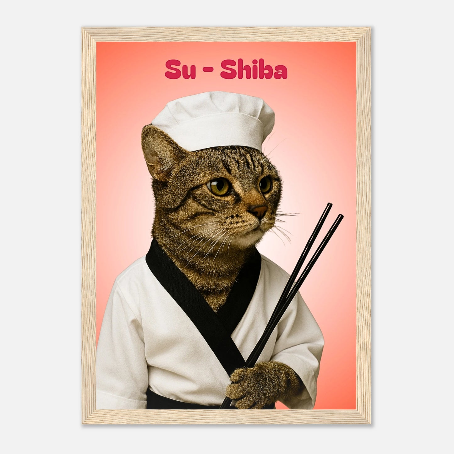 Su-Shiba Sushi Mastercat Poster mit hellbraunem Holzrahmen – originelles Katzenposter im Sushi-Stil.