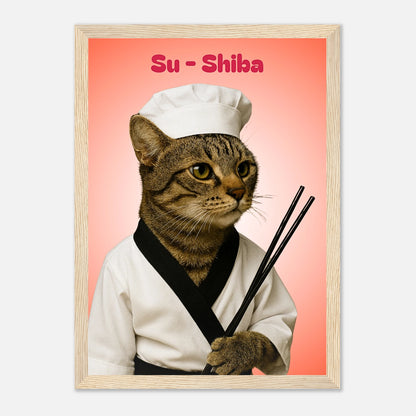 Su-Shiba Sushi Mastercat Poster mit hellbraunem Holzrahmen – originelles Katzenposter im Sushi-Stil.