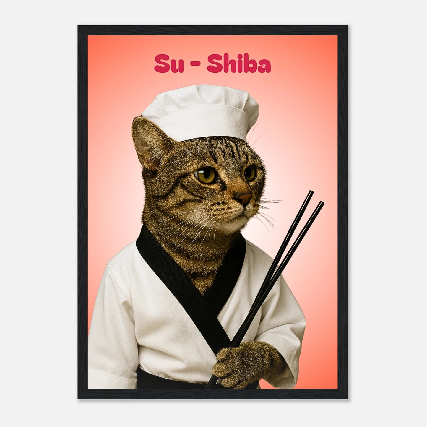 Su-Shiba Sushi Mastercat Poster mit schwarzem Rahmen – stilvolles Katzenmotiv als Wandkunst für moderne Räume.