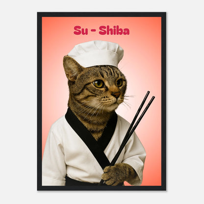 Su-Shiba Sushi Mastercat Poster mit schwarzem Rahmen – stilvolles Katzenmotiv als Wandkunst für moderne Räume.