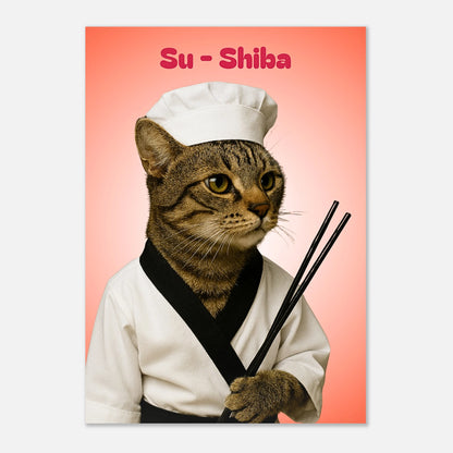 Seitenansicht vom Su-Shiba Poster – humorvolle Katze als Sushi-Meister