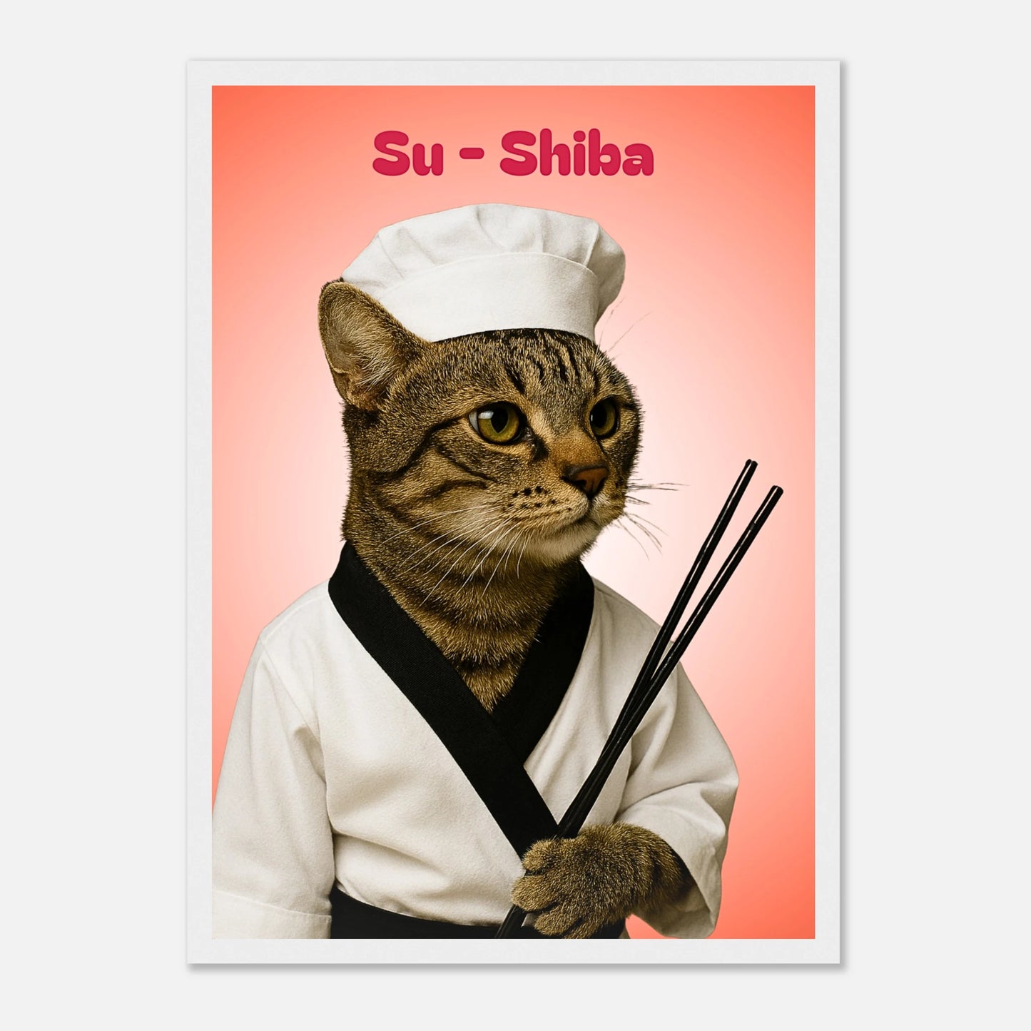 Su-Shiba Sushi Mastercat Poster mit weißem Rahmen – lustiges Katzen Wandbild als Sushi-Meister für Küche oder Wohnzimmer.