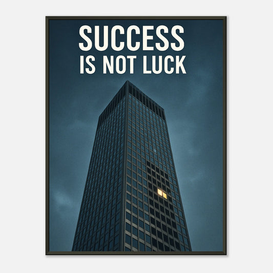 Success Is Not Luck motivational wall art poster in black metal frame featuring modern skyscraper architecture and bold success quote