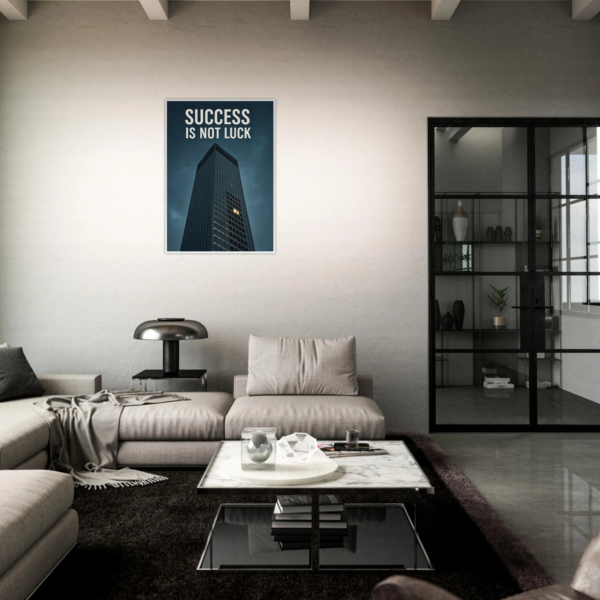 Success Is Not Luck Motivationsposter im dunklen Wohnzimmer – edles Erfolgs-Poster mit Business-Gebäude und Motivationsspruch, moderne Wandkunst – von Defa Designs.