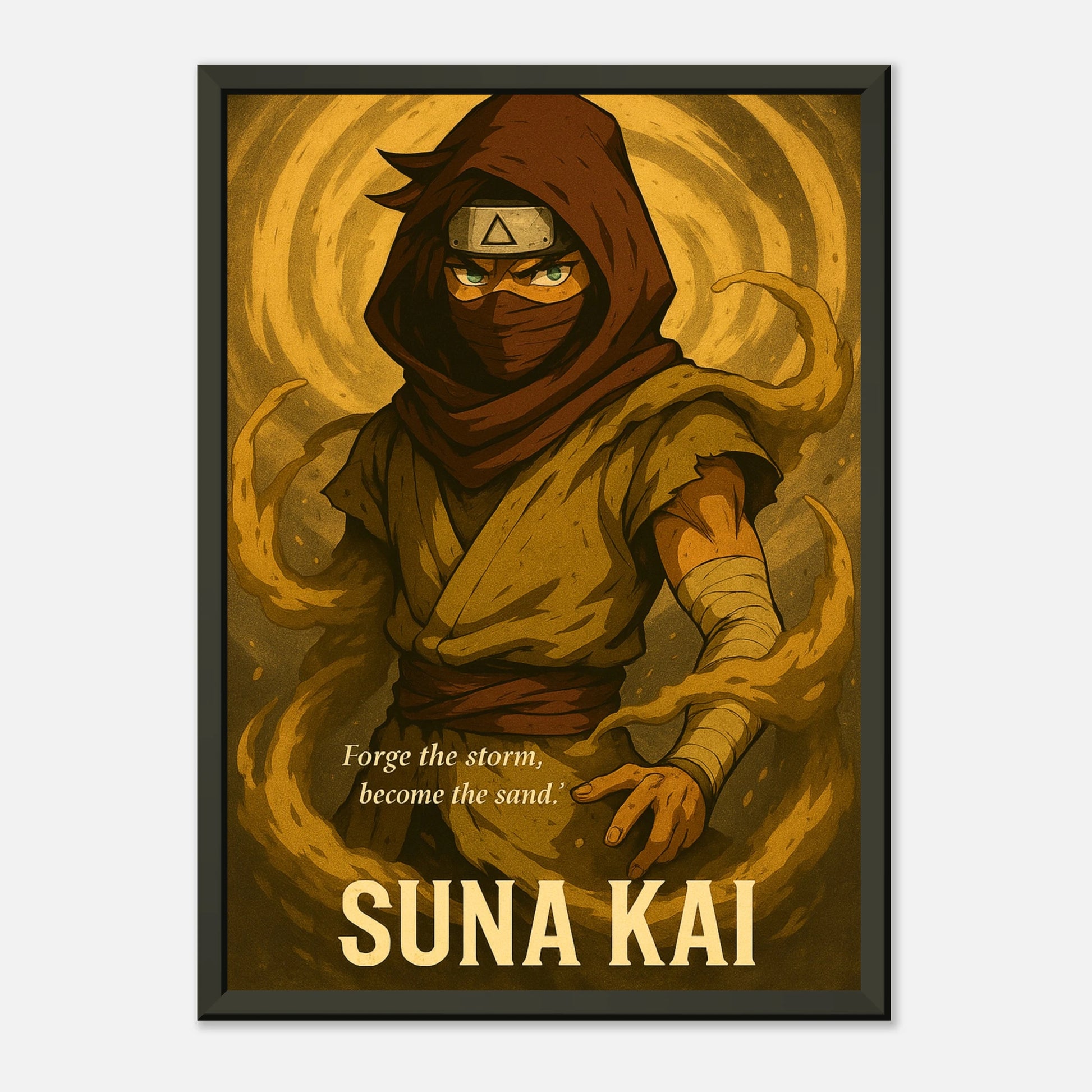 SUNA KAI Anime Samurai Poster mit schwarzem Metallrahmen – leicht geneigte Ansicht, hochwertige Wanddeko im Wüsten-Design.