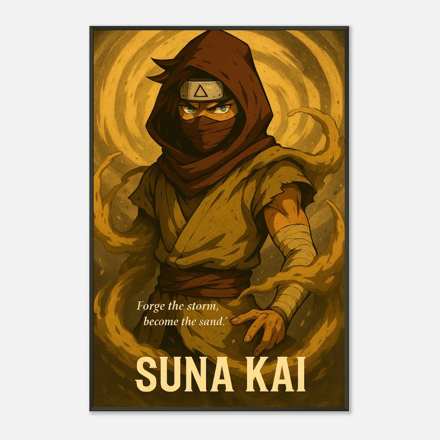 Detailaufnahme des SUNA KAI Samurai Anime Posters – hochwertige Druckqualität mit schwarzem Metallrahmen und kräftigen Wüstentönen.