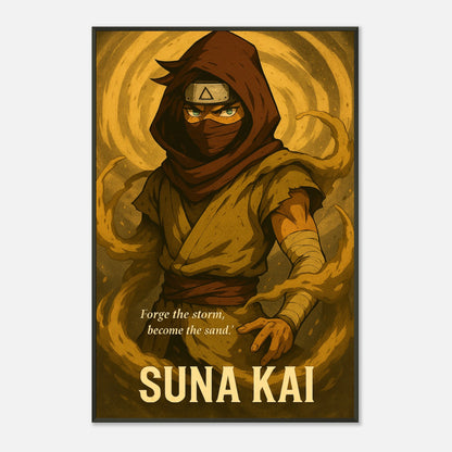 Detailaufnahme des SUNA KAI Samurai Anime Posters – hochwertige Druckqualität mit schwarzem Metallrahmen und kräftigen Wüstentönen.