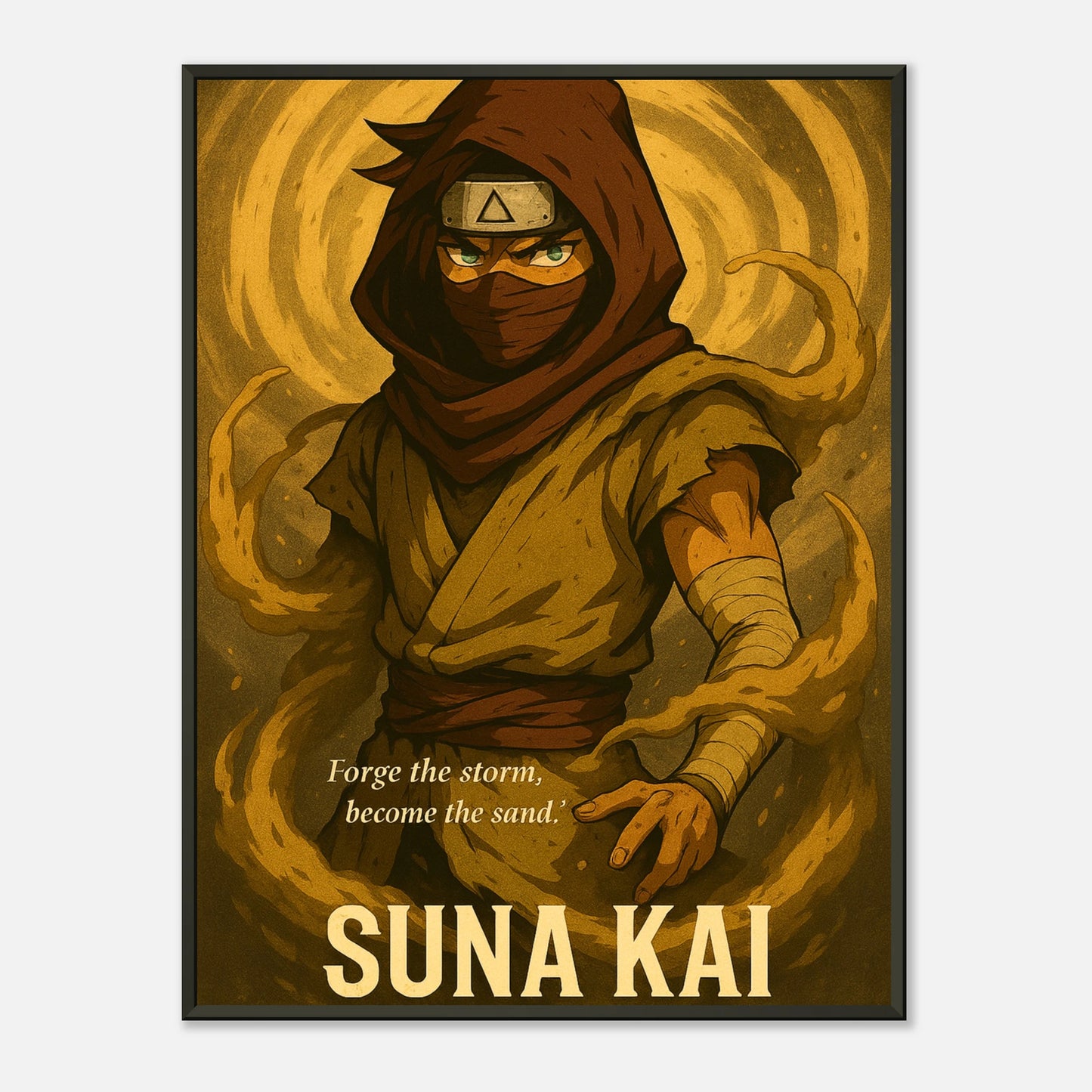 SUNA KAI Anime Samurai Wüstenkrieger Poster mit schwarzem Metallrahmen – epische Wüstenszene, dynamische Pose und kraftvolle Farben.