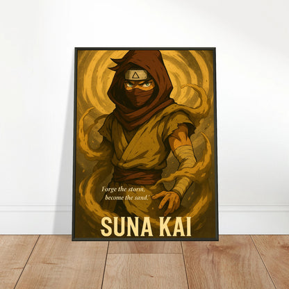 SUNA KAI Anime Samurai Poster mit schwarzem Metallrahmen an die Wand gelehnt – moderne Wohn- und Gaming-Raum Deko.