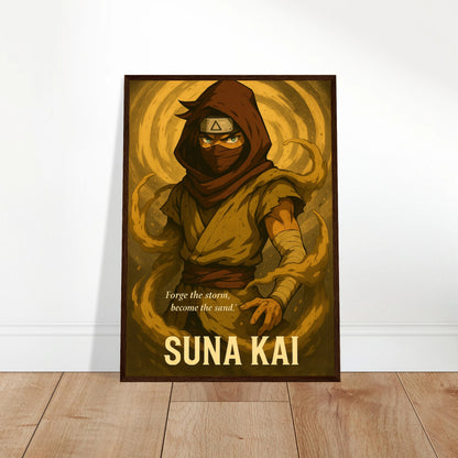 SUNA KAI Poster an die Wand gelehnt – goldbraunes Wüstenkrieger-Motiv mit epischer Anime-Ästhetik. Edles Wandbild für Wohnzimmer, Büro oder Gaming-Raum.