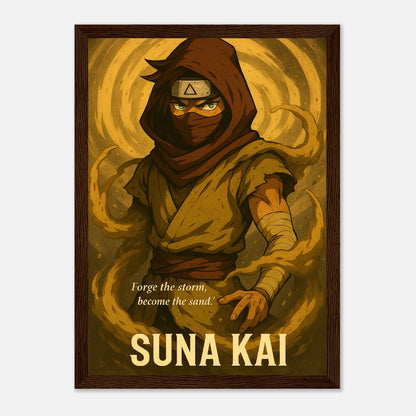 SUNA KAI Poster im dunkelbraunen Holzrahmen – goldbraunes Anime-Kunstwerk eines Wüstenkriegers mit intensiver Energie und majestätischer Ruhe. Japanisch inspirierte Wandkunst von Defa Designs.