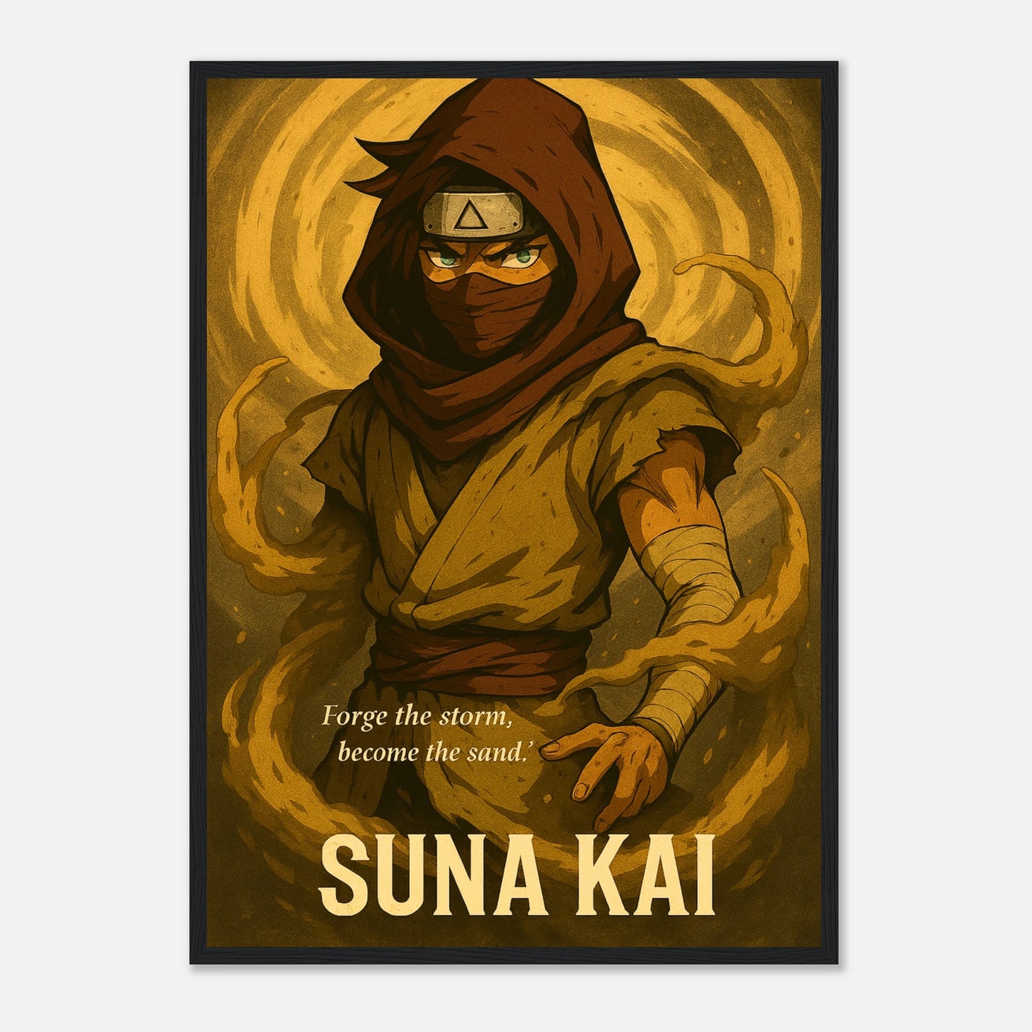 SUNA KAI Poster im schwarzen Rahmen – intensives Samurai-Motiv mit goldener Wüstenatmosphäre. Edle Anime-Kunst mit kraftvoller Symbolik.
