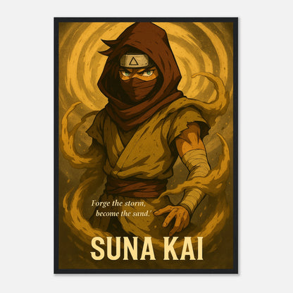 SUNA KAI Poster im schwarzen Rahmen – intensives Samurai-Motiv mit goldener Wüstenatmosphäre. Edle Anime-Kunst mit kraftvoller Symbolik.