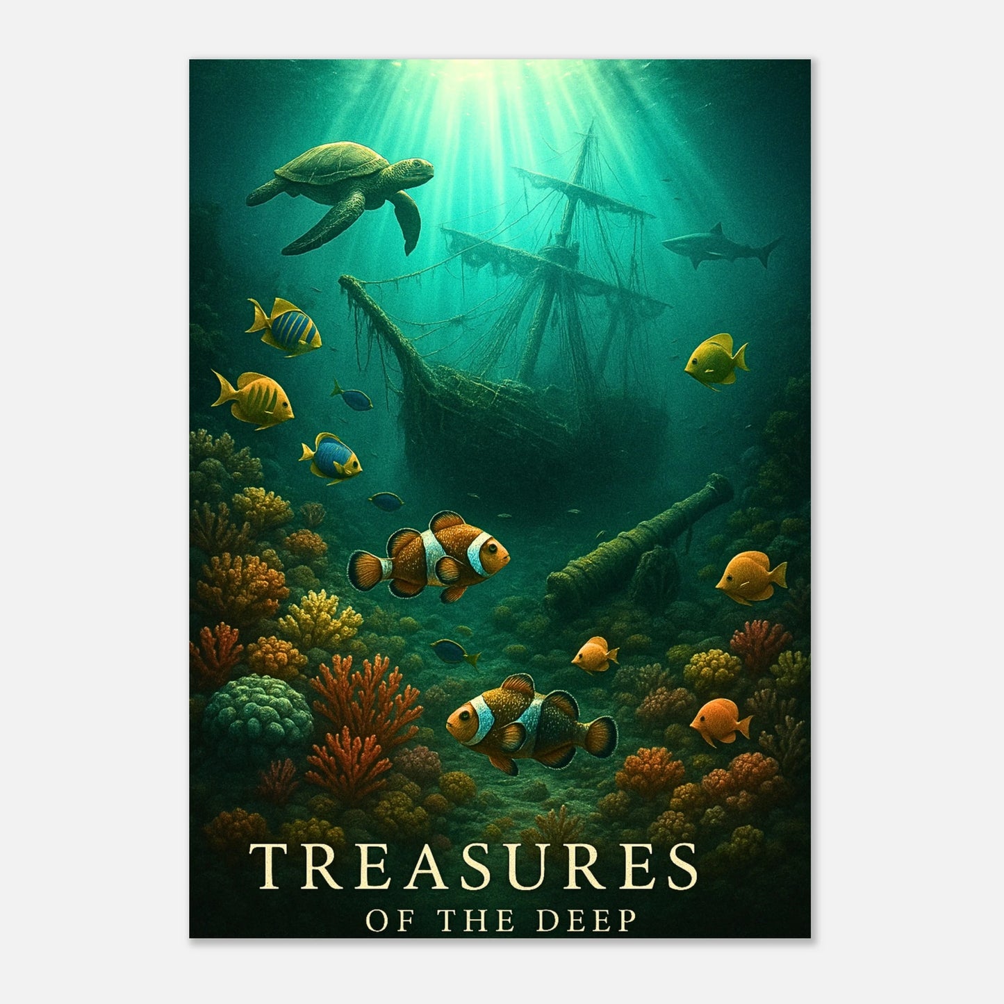 Sunken Secrets ocean treasure art poster – detailed underwater scene with shipwreck, tropical fish, and coral.