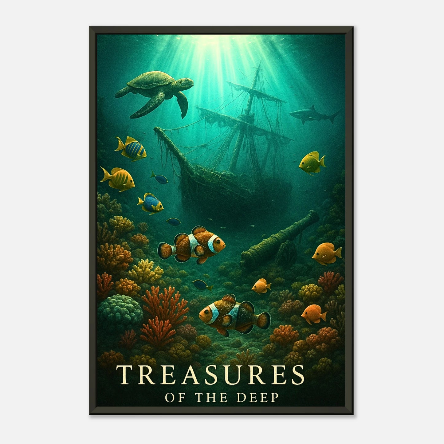 Sunken Secrets Poster in Schrägansicht – atemberaubendes Meeresmotiv mit Lichtreflexen im tiefen Blau und schwarzem Metallrahmen.