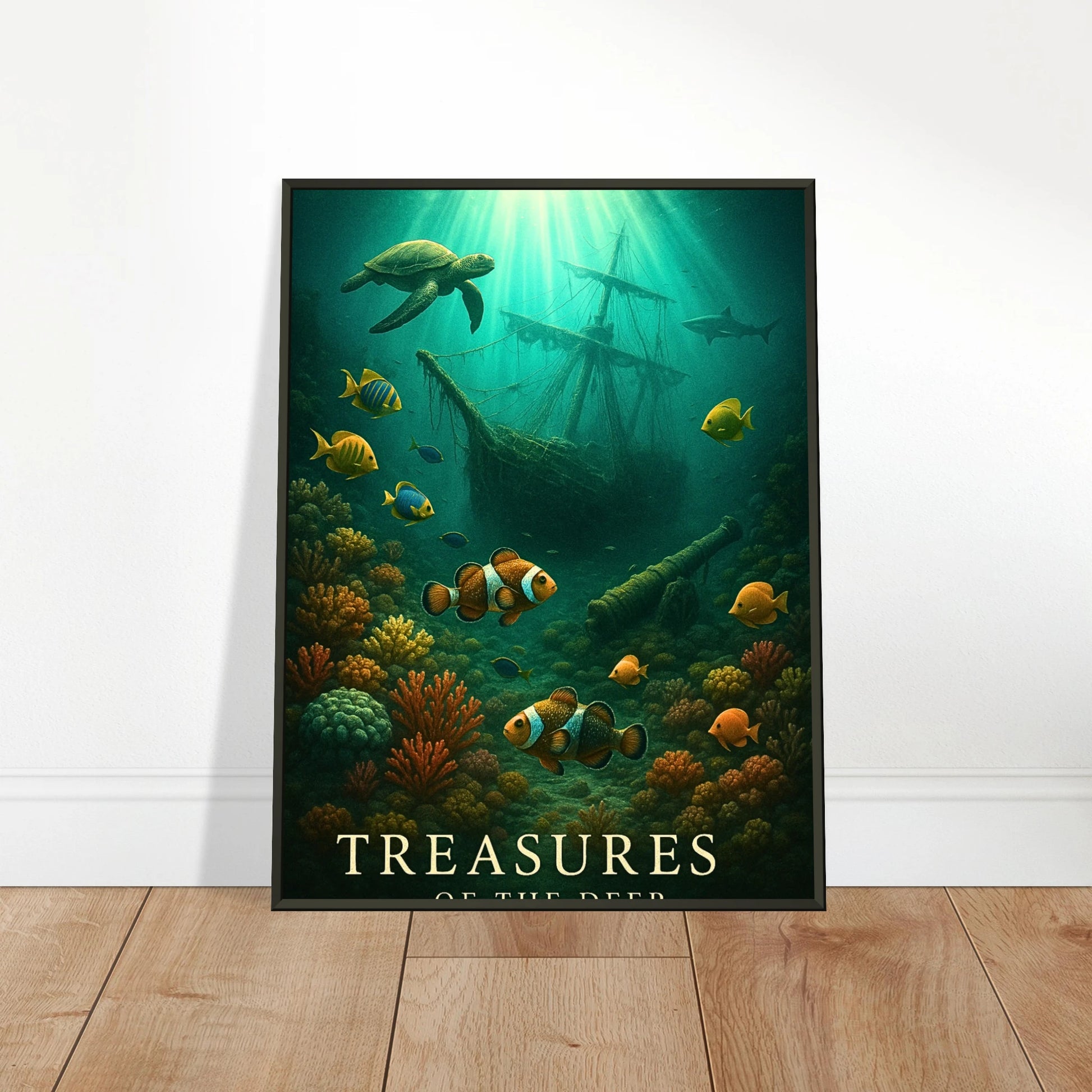 Sunken Secrets Poster an die Wand gelehnt – Unterwasserszene mit leuchtenden Farben und Meeresschildkröten, kunstvoll auf Holzboden präsentiert.