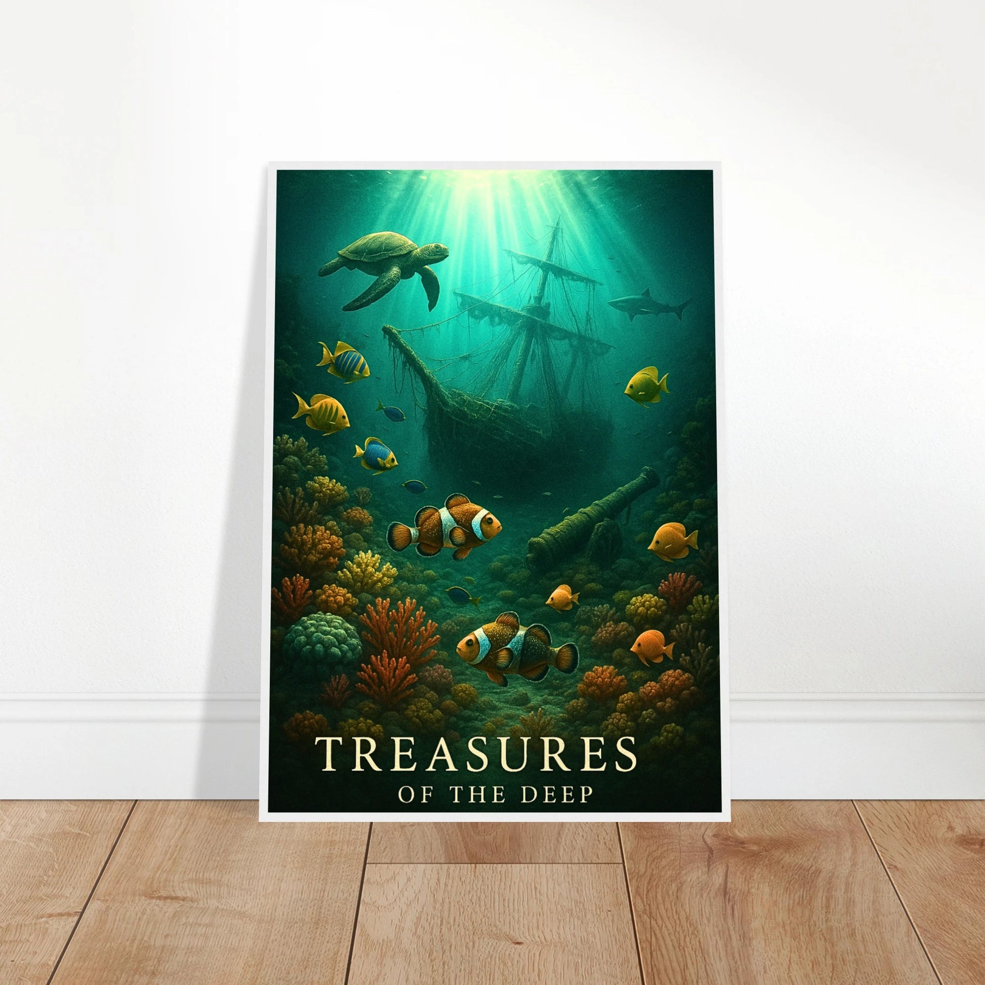 Sunken Secrets Poster – Unterwasser Szene mit Schätzen und Fischen, angelehnt an Wand, moderne Raumgestaltung