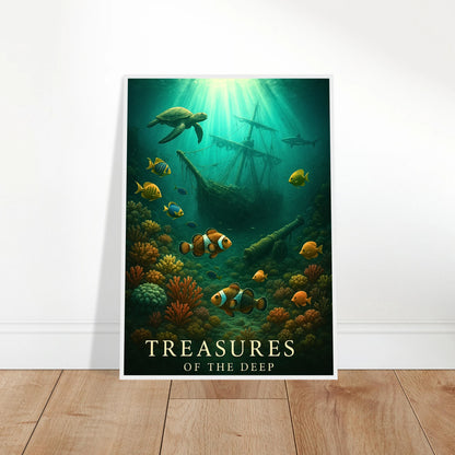 Sunken Secrets Poster – Unterwasser Szene mit Schätzen und Fischen, angelehnt an Wand, moderne Raumgestaltung