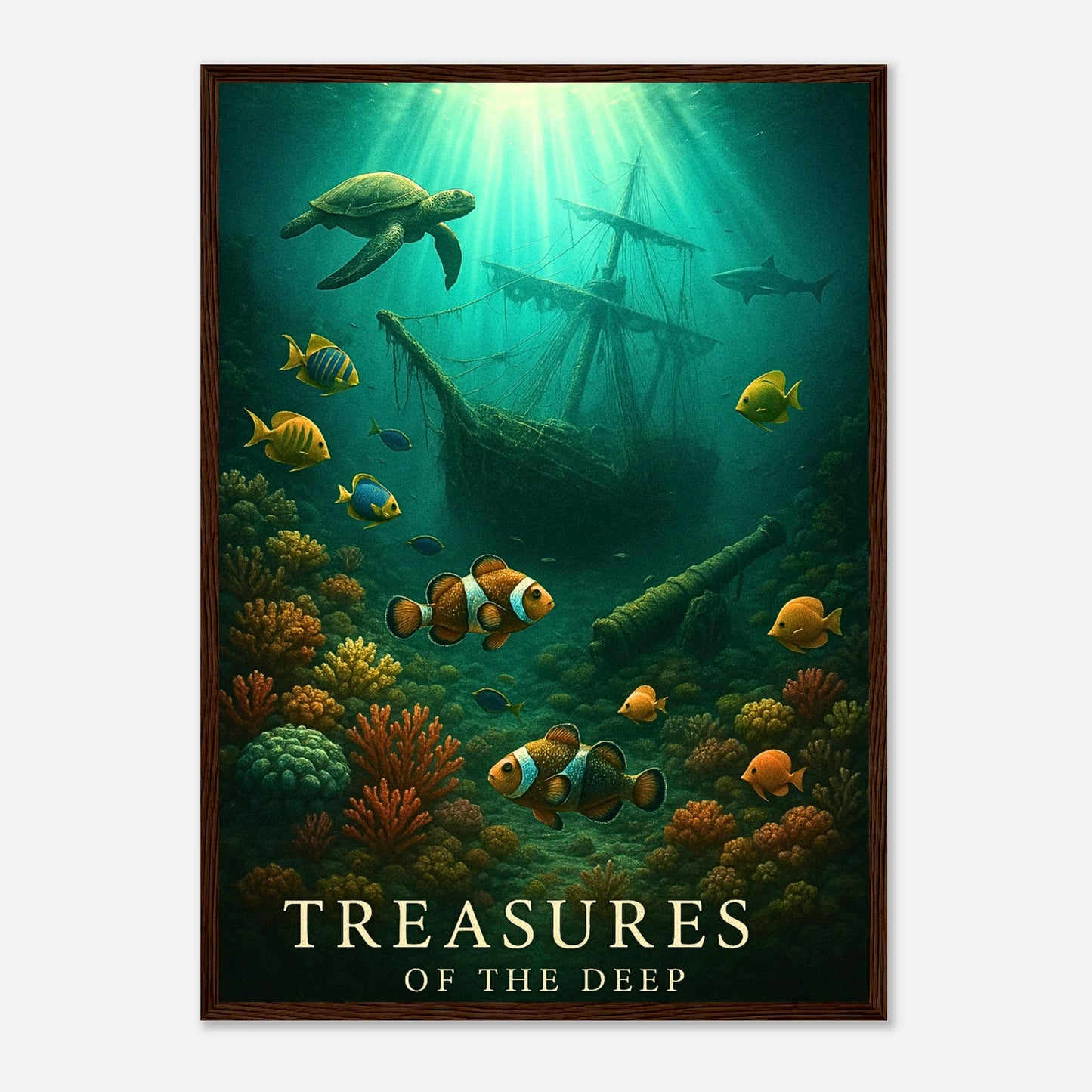 Sunken Secrets Poster mit dunkelbraunem Holzrahmen – edles Ozean Wandbild mit mystischer Unterwasserwelt