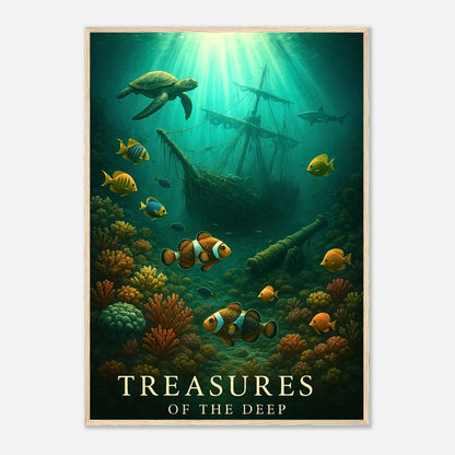 Sunken Secrets Poster mit hellbraunem Holzrahmen – farbenfrohes Unterwasserbild mit Fischen und Korallen
