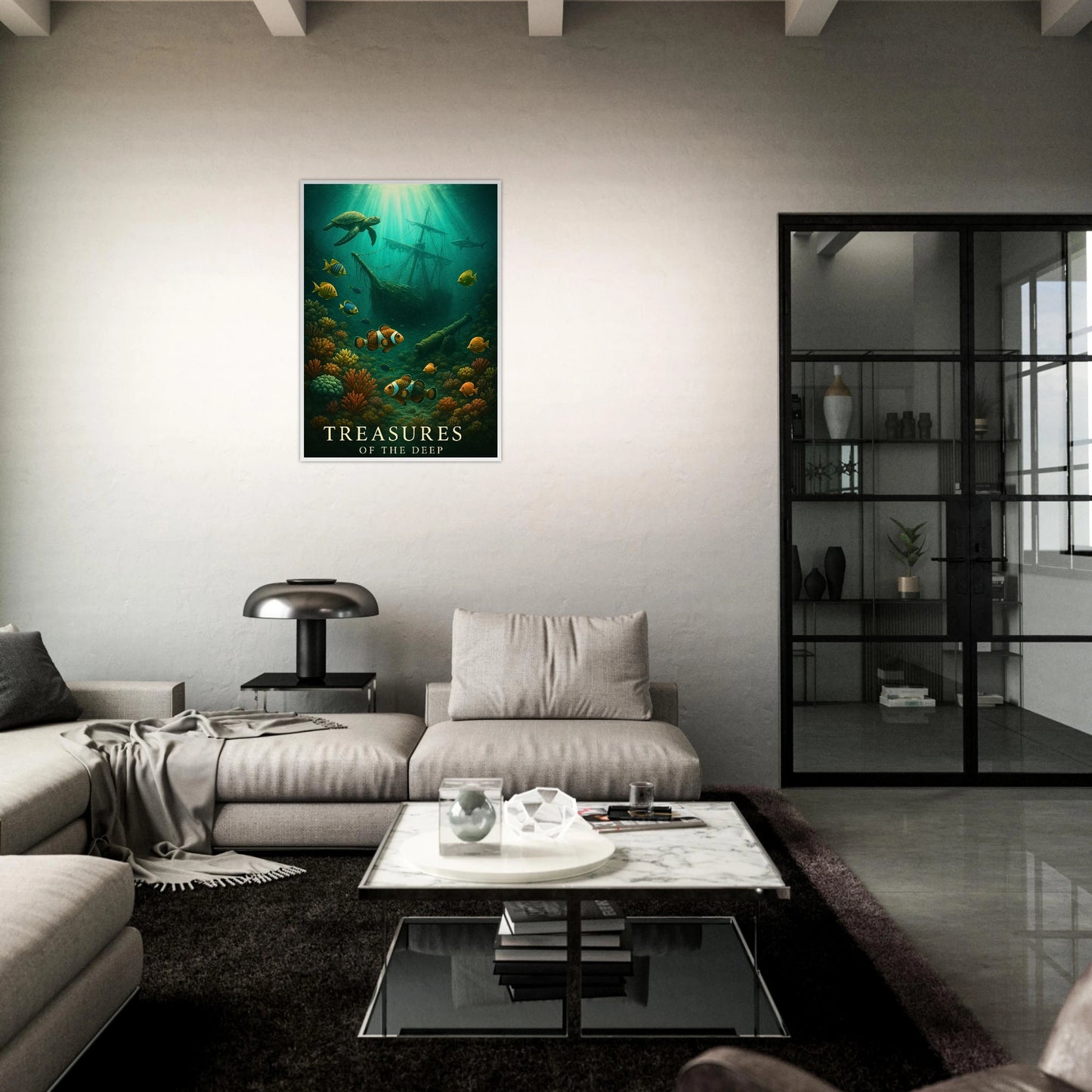 Sunken Secrets Poster – Unterwasser Szene mit Korallen über Sofa im modernen Wohnzimmer