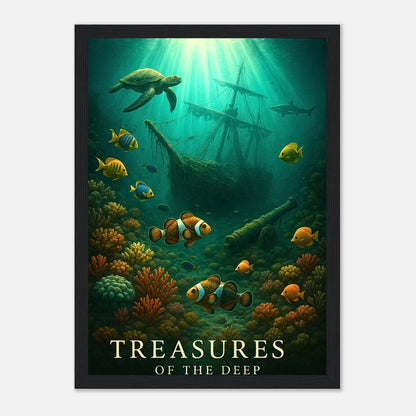 Sunken Secrets Poster mit schwarzem Holzrahmen – Ozean Poster mit Schiffswrack und mystischer Tiefsee