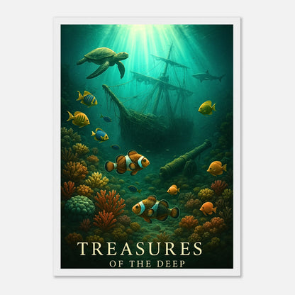 Sunken Secrets Poster mit weißem Holzrahmen – geheimnisvolles Unterwasserbild mit Korallen und versunkenen Schätzen