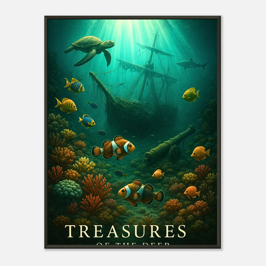 Sunken Secrets Poster – versunkenes Schiff, Korallenriff und Meeresschildkröte in leuchtenden Farben im schwarzen Metallrahmen. Unterwasser Kunstwerk von Defa Designs.