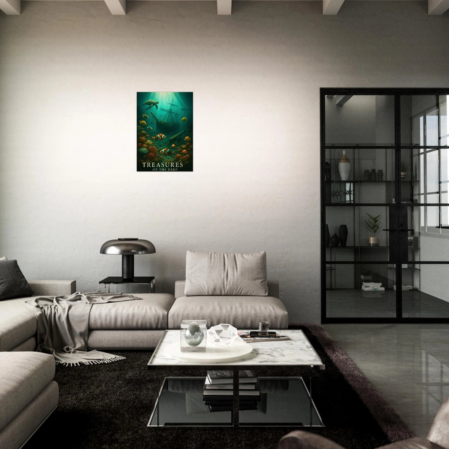 Sunken Secrets underwater poster displayed in elegant gallery-style setting – premium ocean-inspired wall art.