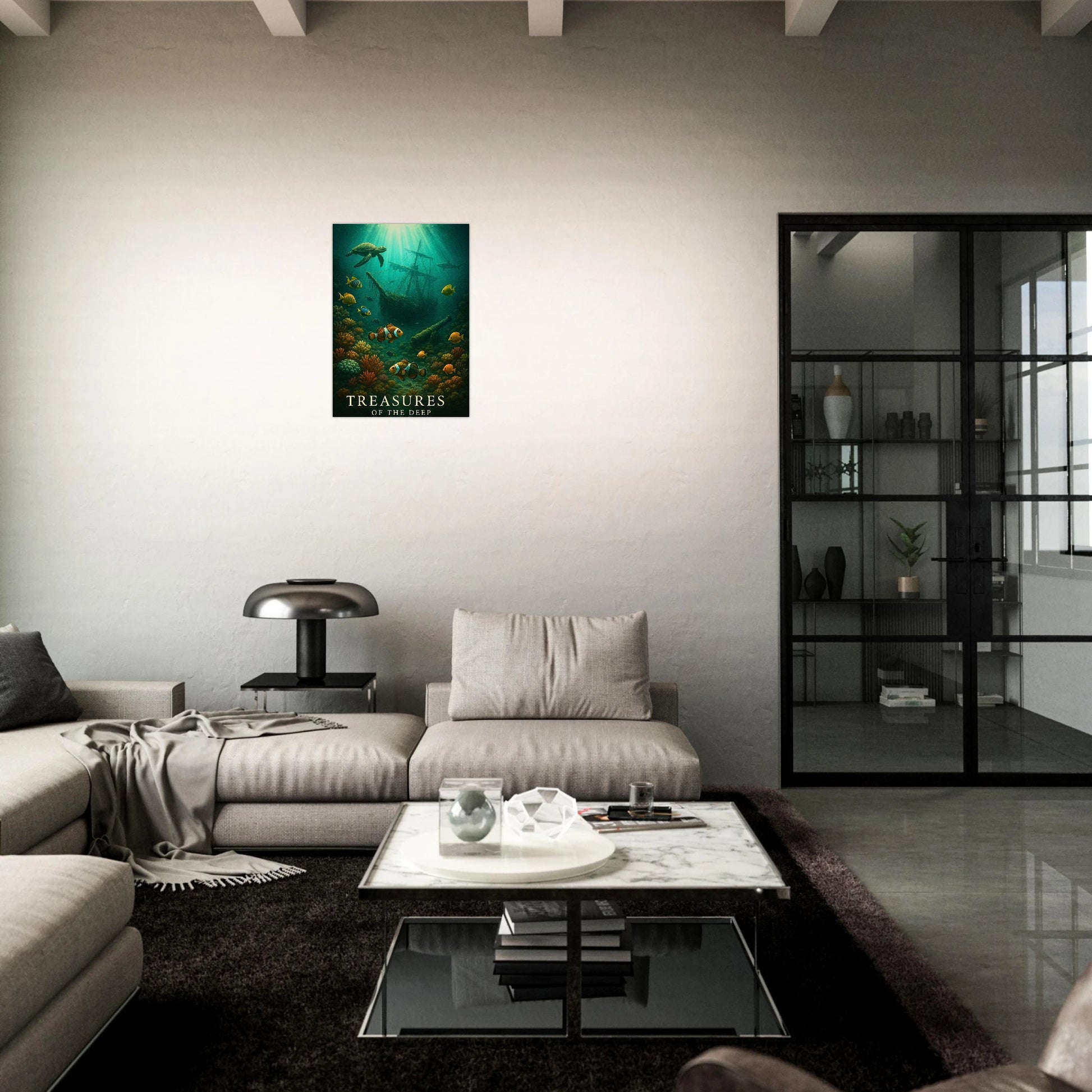 Sunken Secrets underwater poster displayed in elegant gallery-style setting – premium ocean-inspired wall art.