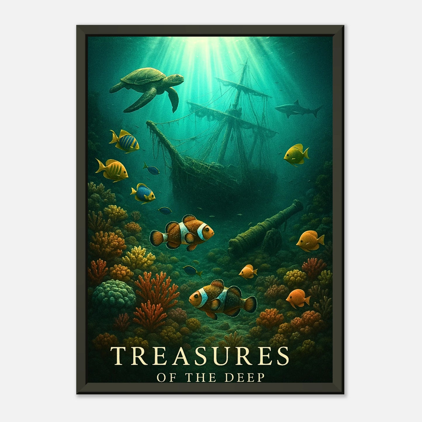 Seitenansicht des Sunken Secrets Posters – geheimnisvolle Unterwasserlandschaft mit versunkenem Wrack und tropischen Fischen im schwarzen Metallrahmen.